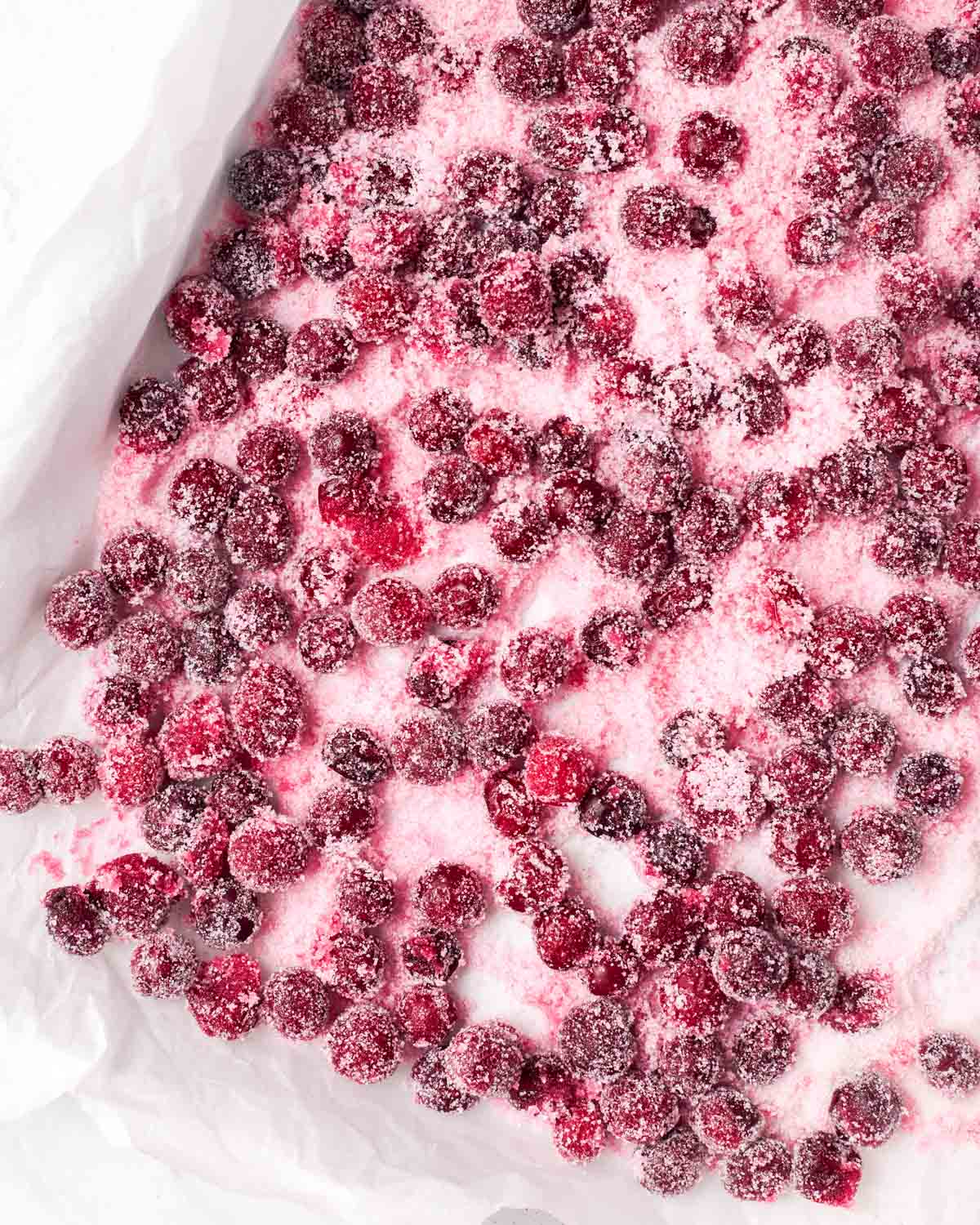 cranberries rolling in granulated sugar