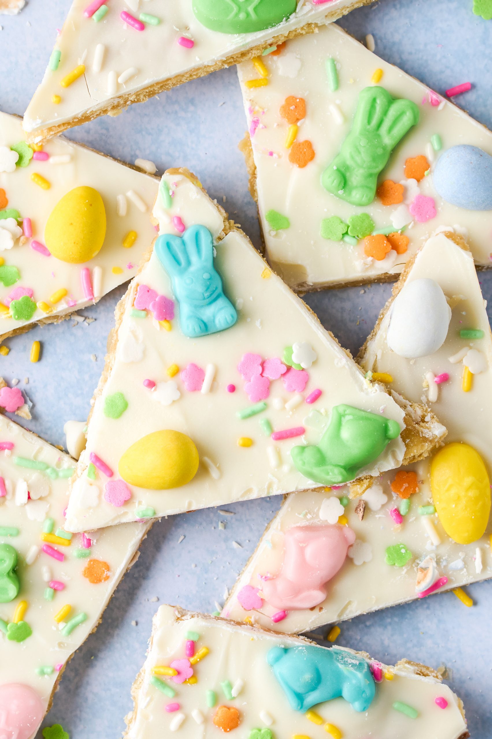 overhead close up of a triangle piece of Easter saltine cracker toffee candy