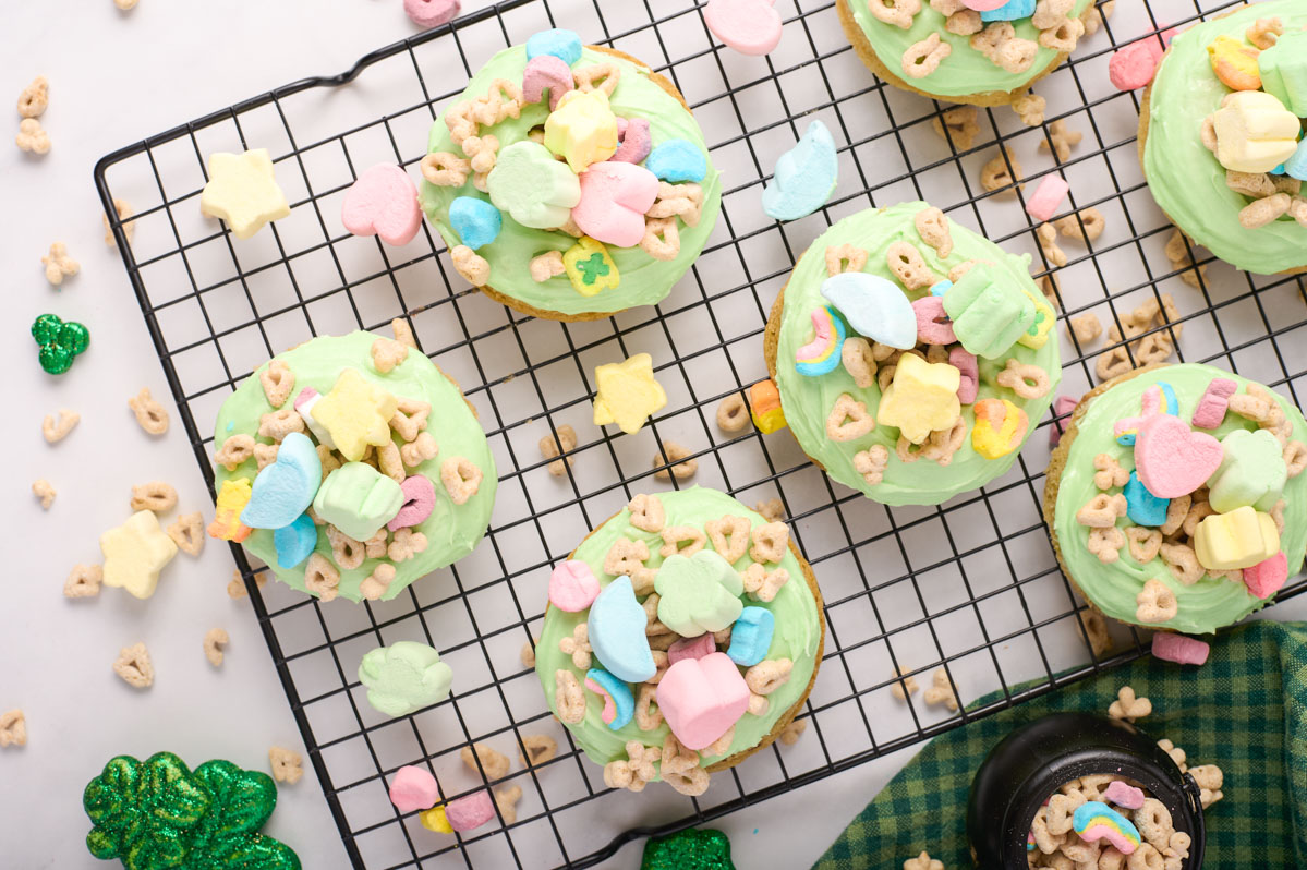Lucky Charms Donuts on a black wire rack