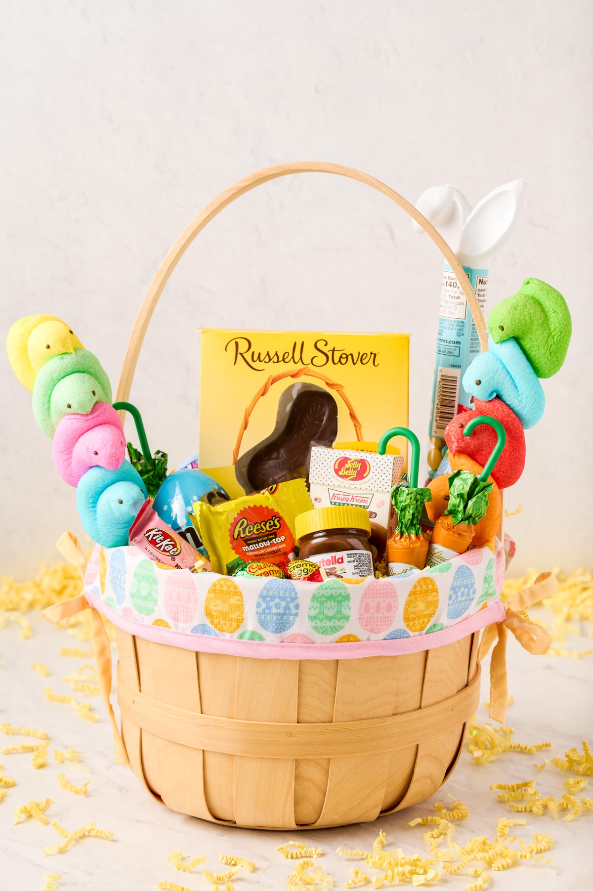 Wooden Easter basket filled with easter candies