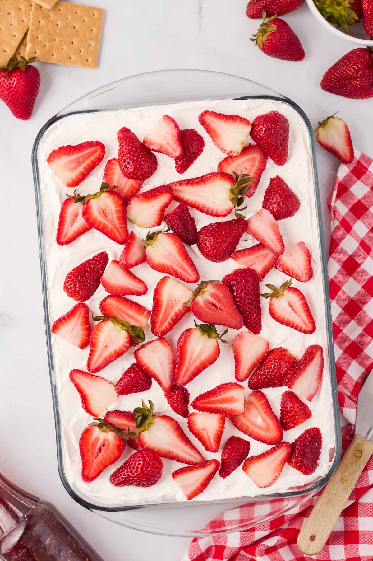 strawberry icebox cake in a 9 x 13 baking dish