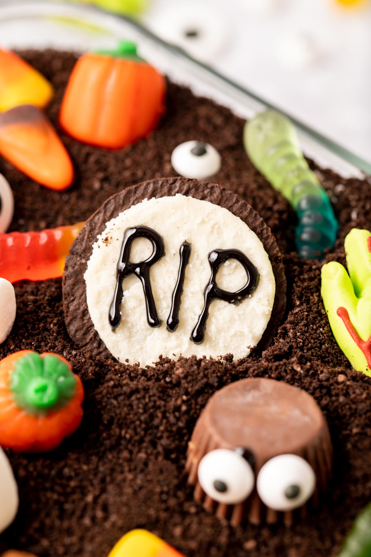 Close up of an oreo tombstone decoration