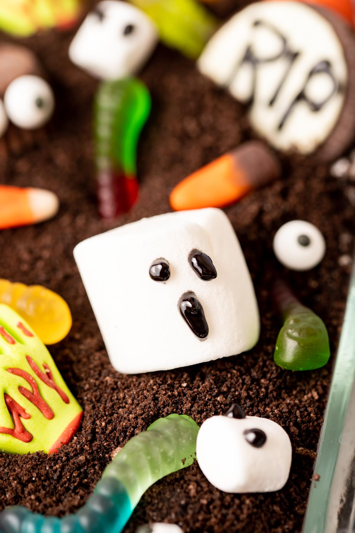 Close up of a marshmallow ghost decoration on Halloween dirt cake