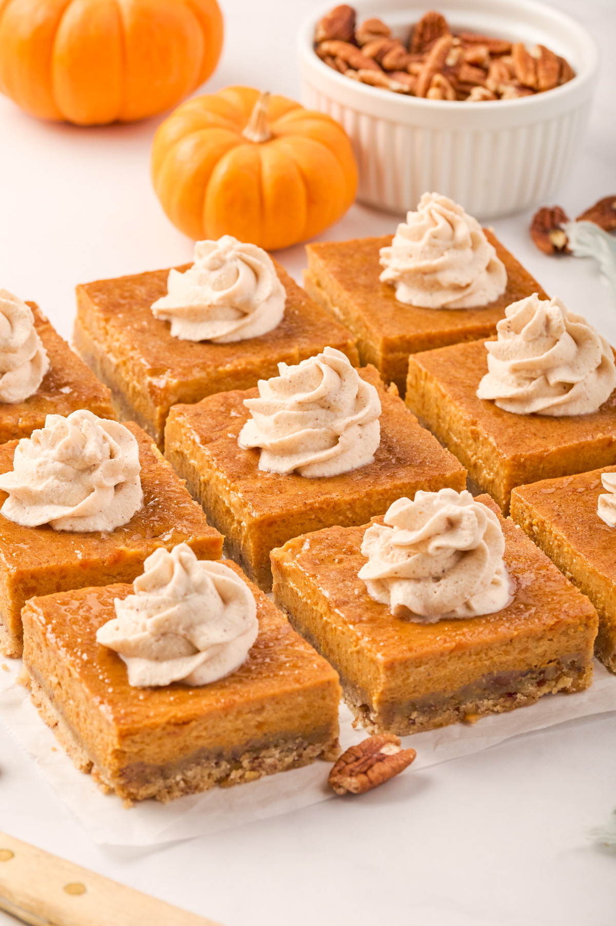9 slices of pumpkin pie bars are topped with a maple spiced whip cream with pumpkins and pecans in the background